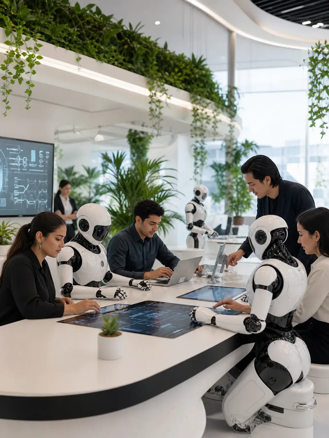 Equipo interdisciplinario colaborando con asistentes de IA en un espacio con vegetación